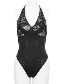 Devil fashion Punk Snake Skin Mesh Halter One-Piece Swimsuit, Rivet Leather Patchwork High-Cut Bodysuit - Black - View 10