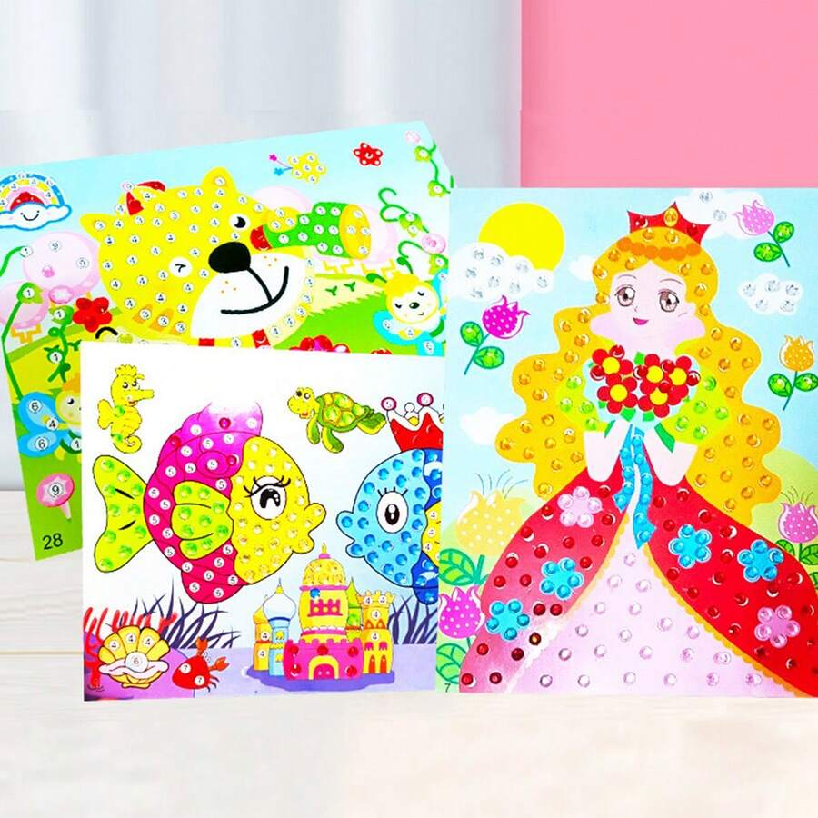 5/10片装DIY纸质绘画板，塑料钻石贴纸画，卡通动物贴纸，生日派对礼物 - 杏色 - 查看 1