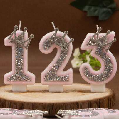 1 pieza Vela de cumpleaños con número ceremonial, vela de pastel de cumpleaños con decoración de corona, decoración de pastel con brillo plateado y rosa, adecuada para suministros de celebración de aniversario de niñas y damas