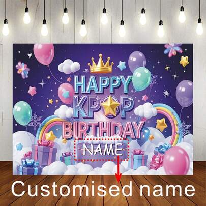 Phông nền chủ đề thần tượng KPOP sang trọng, có thể tùy chỉnh tên, vương miện lấp lánh màu tím và trang trí ánh sao, phù hợp cho tiệc sinh nhật KPOP, sự kiện sân khấu, phông nền và chụp ảnh, được làm từ chất liệu vinyl.