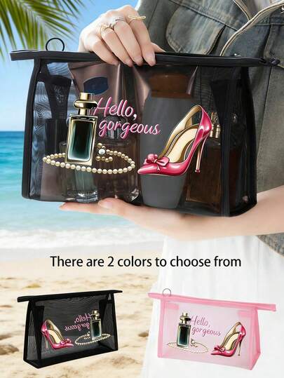 女士透明网眼化妆沙滩包，“Hello Gorgeous” 带拉链化妆品收纳包，轻便旅行洗漱包，大容量护肤品和化妆品收纳盒，便携式美容收纳包，适合海滩、度假、健身、上学和日常使用，美观的网眼化妆包，适合女孩、伴娘和朋友，是生日、母亲节、情人节、圣诞节、夏季假期旅行的完美礼物。