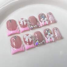 NAILART Send Randomly 10pcs Pink Duckbill Handmade Press On Nails Art Simple White French Short Fake Nail Wearable Rhinestones Design False Nails Tips - 643-L - Xem 1