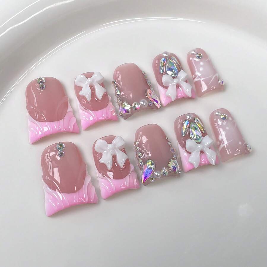 NAILART Send Randomly 10pcs Pink Duckbill Handmade Press On Nails Art Simple White French Short Fake Nail Wearable Rhinestones Design False Nails Tips - 643-L - Xem 1