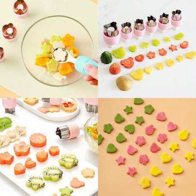 8件套不锈钢迷你水果蔬菜切割器，带推出式手柄，多种形状印章，适用于饼干烘焙、蛋糕装饰和便当盒制作，DIY厨房小工具套装
