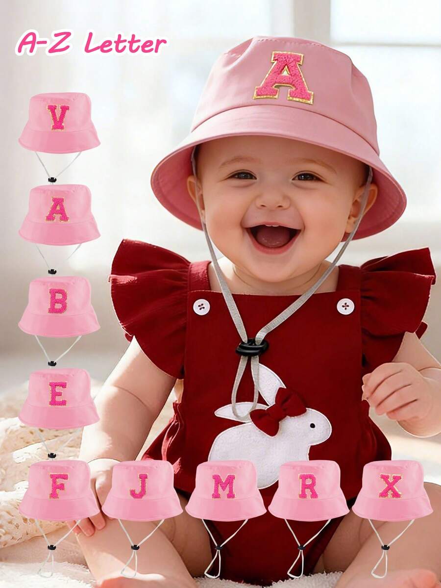 1pc Adjustable Kids Pink Sun Hat, Cute Letter Felt Patch, Breathable Bucket Hat For Outdoor Play, Beach, Travel, Daily Wear, Suitable For 0-4 Years Old - Pink - View 1