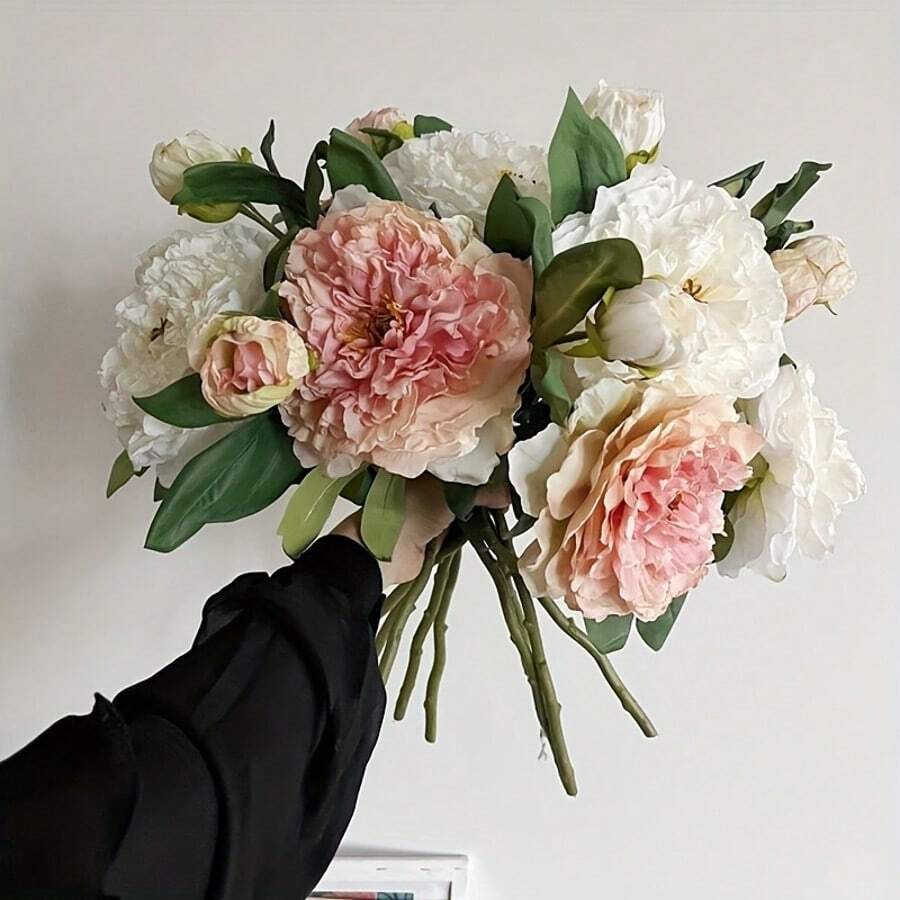 1PC 19-Inch Artificial Peony Flower Bouquet, Burnt Edge 2-Head Peony Artificial Flower, Maintenance-Free Fake Lotus Flowers, For DIY Bridal Bouquet Wedding Centerpiece Party Home Decor, Indoor Outdoor Spring Summer Decor Use, Valentine's Day Mother's Day Gift - Multicolor - View 1
