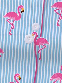 2pcs Sleepwear Set For Women, Striped Flamingo Print, Soft Fabric, Fashionable Outfit For Holidays & Parties, Short Sleeve Shirt With Collar & Button, Elastic Shorts, Casual Loungewear For Indoor & Outdoor Wear - Nhiều màu - Xem 4