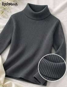 Children's Long-Sleeved High-Neck Ribbed Blouse - Dark Grey - View 1