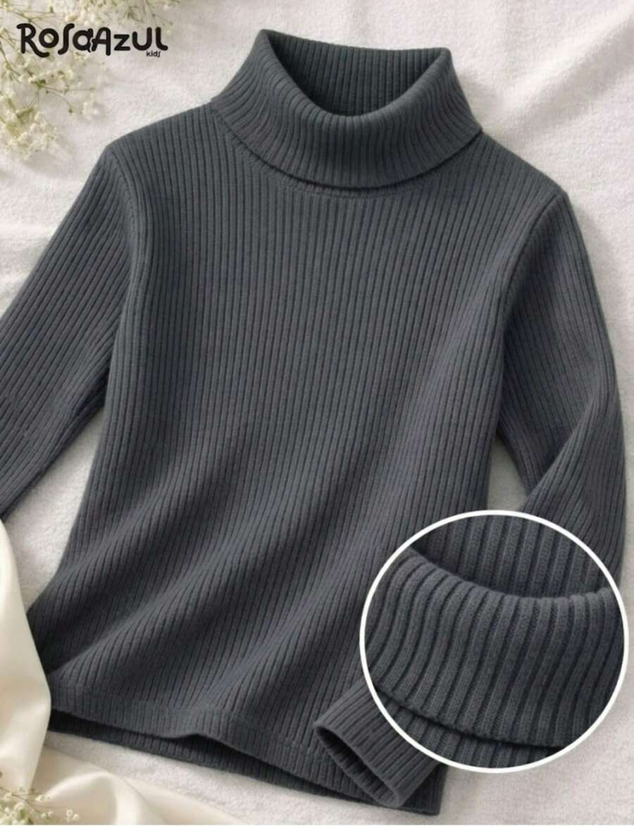 Children's Long-Sleeved High-Neck Ribbed Blouse - Dark Grey - View 1