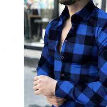 Men's Long-Sleeved Slim-Fit Flannel Plaid Shirt (No Pockets) - xanh và đen - Xem 1