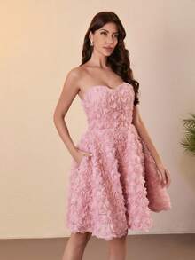 Elegant Mini Wedding Dress, Adorned With Delicate 3D Floral Accents, Lightweight Tulle Trailing - Perfect For Summer Weddings, Garden Parties, Luxury Ceremonies Or Formal Galas. Pink Backless Tie-Up Women's Formal Wedding Gown - Dusty Pink - View 3