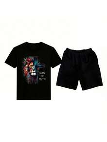 Conjunto para hombre estilo streetwear artístico con estampado colorido de león y temática de fe tela cómoda ajuste holgado cuello redondo manga corta verano uso diario casual set de camiseta y short - Negro 2 - Ver 1