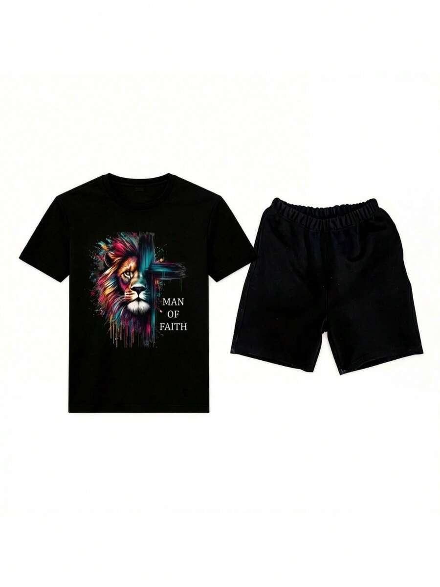 Conjunto para hombre estilo streetwear artístico con estampado colorido de león y temática de fe tela cómoda ajuste holgado cuello redondo manga corta verano uso diario casual set de camiseta y short - Negro 2 - Ver 1