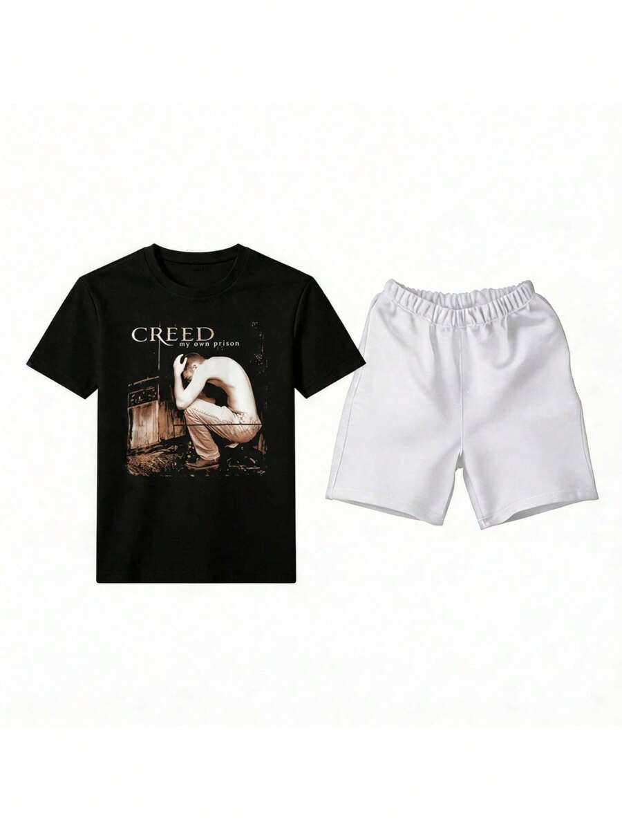 Conjunto para hombre estilo casual streetwear con estampado artístico y tipográfico tela cómoda ajuste holgado cuello redondo manga corta verano uso diario set de camiseta y short - Negro 1 - Ver 1