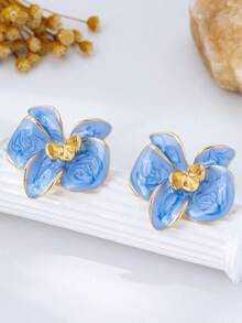 1 par de pendientes de mariposa y orquídea de lujo con esmalte 3D - Celeste - Ver 2