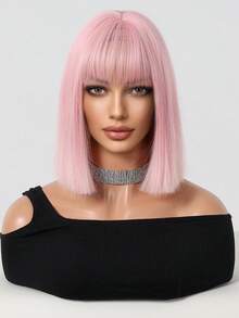 Pink Stright Bob Wig With Bangs- 12inch Synthetic Wigs For Women Heat Resistant Cosplay Colourful Synthetic Hair Wig High Temperature Hair For Women Holiday Daily Fashion Style Synthetic Hair Wig For Halloween And Christmas - 粉色 - 查看 4