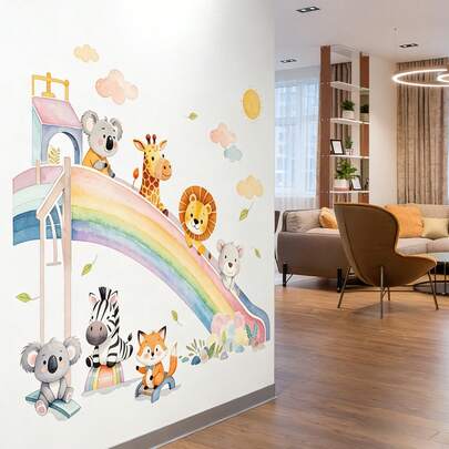 Hình dán tường hoạt hình động vật, cầu vồng, mây, mặt trời, thích hợp cho phòng trẻ em, nhà trẻ, decal trang trí tự dính.