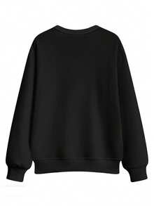 Women's Casual Black Long Sleeve Round Neck Sweatshirt With  Graphic Print For Fall Streetwear Style - 黑色圓領衛衣 - 查看 2