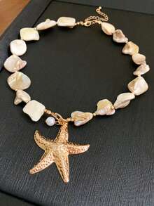 1pc Shell, Starfish & Conch Necklace, Beach Vacation Style Elegant Choker Necklace, Fashionable & Versatile Jewelry For Women - Gold - View 5