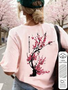 Camiseta holgada de mujer con estampado de flores de cerezo al estilo japonés, 100% algodón transpirable de cuello redondo y manga corta, ropa de calle Y2K, adecuada para salidas de primavera, paseos por la ciudad y uso diario casual en verano color rosa - Rosa - Ver 6