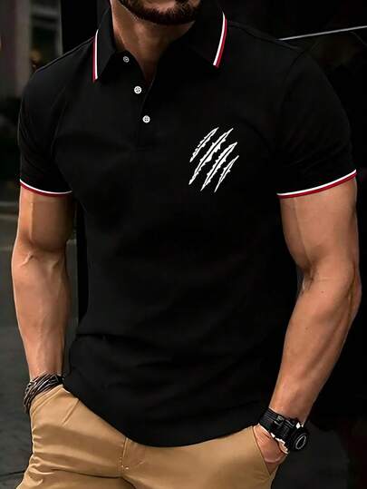 Áo Polo nam cao cấp kiểu dáng công sở, thiết kế cổ áo cài nút bằng vải jacquard gân nổi và họa tiết in logo thương hiệu thời trang, phù hợp cho công sở, thường ngày, thể thao bóng chày và mặc ở nhà.