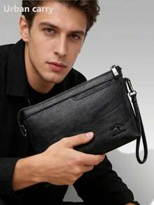 2026 New Solid Black PU Clutch Bag, Fashion Minimalist Business Men's Handbag Wristlet, Men's Phone Pouch, Square Wallet, Lightweight And Portable To Carry Phone, Cash, Cards, Suitable For Work Commute, Business Trip, Office Meetings, Essential For Businessman, Men's Accessory, Gift For Husband, Father, Holiday Gift - A - View 2