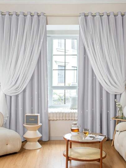 1pc Hollow Star Curtain, Polyester With Lace Sheer Double Layer Curtain, Darkening Bedroom Window Curtain, Cute Unique Princess Style Curtain Suitable For Holidays
