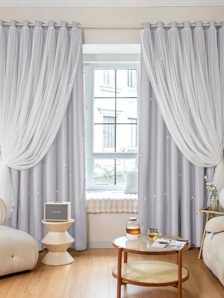 1 pieza Cortina de estrella hueca, de poliéster con doble capa de encaje transparente, cortina oscurecedora para ventana de dormitorio, cortina con estilo de princesa único y lindo, adecuada para días festivos - Gris Claro - Ver 1