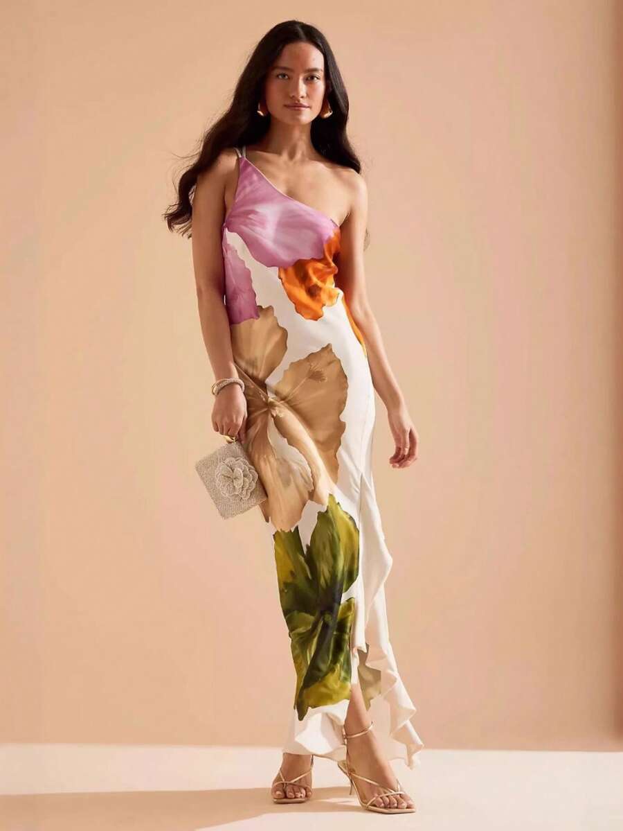 Women's Long Dress, One Shoulder, Ruffles, Print, Open Back, European Holiday Style - Multicolor - View 1