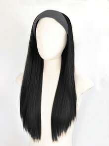 66 cm långa raka svarta syntetiska hårförlängningar med grått pannband, syntetisk peruk, avtagbart pannband. - Svart brun - Visa 5