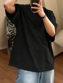 Camiseta informal de manga corta y cuello redondo para hombre en unicolor para el verano y holgada - Negro - Ver 3