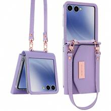 VIETAO Funda de teléfono de piel sintética compatible con Galaxy Z Flip 3/4/5/6/7 con ranura para tarjeta, cordón, billetera, correa para la muñeca, cubierta protectora de moda - Morado - Ver 2