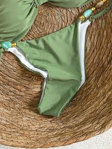 Bikinx Women's Elegant Halter Backless Beaded Bikini Set High Cut Boho Swimwear With Tie Back Details And High Stretch Fabric - Green - View 8