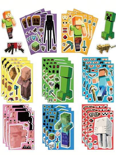  8/16/24pcs/Set Minecraft Pixel Battle Theme DIY Sticker Set, Suitable For Notebooks, Cups, Luggage, Phone Cases, Creative Villager, Creeper, Steve, Alex, Zombie, Enderman Stickers, Great Gifts For Friends, Birthday Parties, Holidays, Halloween. Gift Bag Filler