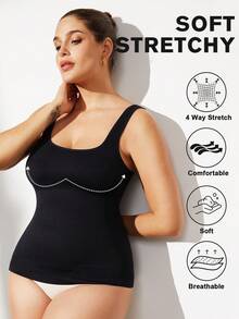 1pc Women Plus Size Seamless Slimming Tank Top, Black, Shapewear Camisole, Summer Going Out Tops - Black - View 5