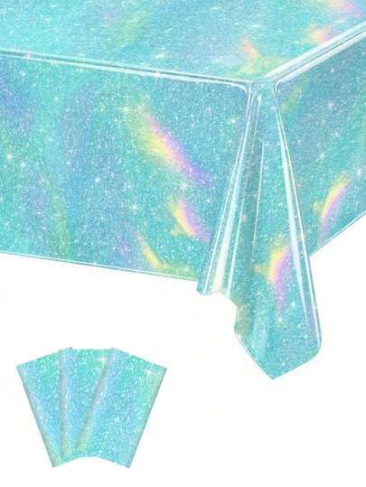 1pc Laser Light Blue Disposable Tablecloth, Size 137*274cm, Shiny Rainbow Color Tabletop Decor, Suitable For Birthday Party, Wedding, Baby Shower, Aluminum Foil Material Tablecloth For Party Decoration, Birthday Decoration, Party Background Decor, Bridal Shower Decor, Tabletop Decor, Holiday Party Supplies, Party Favors