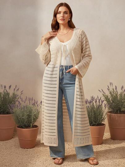 كارديجان طويل الأكمام للنساء كبيرات الحجم، محبوك شفاف بياقة خفيف الوزن للصيف