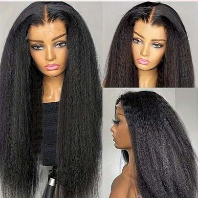 Tóc giả thẳng xoăn kiểu Yaki dành cho nữ, ren trước 13x4, đã được cắt tỉa sẵn và có tóc con, kiểu dáng dễ đội, độ dày 180%, tóc giả ren trước bằng tóc thật với thiết kế thẳng xoăn, có ren 13x4, đã được tỉa sẵn cho vẻ ngoài tự nhiên, độ dày 180%, tóc giả không cần keo dán dành cho nữ, màu tự nhiên, không cần keo, hoàn hảo cho sử dụng hàng ngày, các dịp đặc biệt, tiệc tùng, đám cưới, khiêu vũ và thời trang thường ngày (Tóc giả kiểu Bob 8-16 inch)