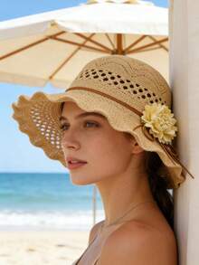 1pc Women's Summer Floral Decor Wide Brim Bucket Hat, Fashion Beach Vacation Sun Protection Hat - Multicolor - View 2