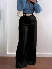 Jessefine Zippered Pockets Wide Leg Pants, Waistless Solid Color Suit Fabric, Brown, Elegant Commute Versatile Office School Daily Wear, Spring/Summer - màu đen - Xem 4