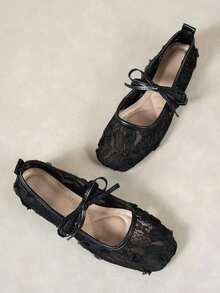 Women Flat Ballet Flats With Bow Decor & Floral Embroidery, Black Breathable Hollow Mesh Summer Sandals, Square Toe Glitter Wide Fit Mary Jane Shoes - Black - View 4