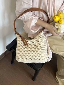 2026新款小众高端休闲沙滩度假草编大容量单肩斜挎包，春夏款 - 象牙色 - 查看 5