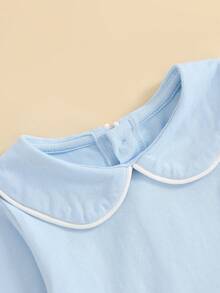 Pijama para bebés niños y niñas, de una pieza, con mangas largas, cuello tipo muñeca, línea de contraste/color sólido, traje de juego para recién nacidos - Azul - Ver 3
