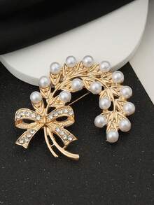 Elegant Fashion Exquisite Cubic Zirconia Faux Pearl Golden Ear Of Wheat Bow Brooch Scarf Suit Coat Dress Headscarf Accessory Daily Vacation Gift - Bow - View 3