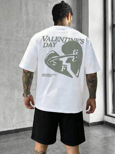  FRACTYR 男士夏季街头时尚复古蓝白英文图案圆领短袖T恤和抽绳短裤休闲套装