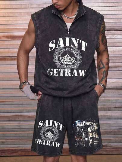 Simple-Men's Summer Washed Distressed Half-Zip Vest Set