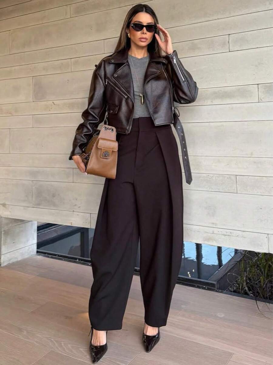Pantalones casuales y elegantes de mujer, de unicolor, con botones, cremallera y pliegues, de color marrón, versátiles para la oficina, para primavera/verano - Marrón - Ver 1