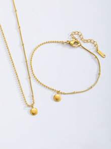 Bộ 2 món dây chuyền và vòng tay bằng thép không gỉ mạ vàng tinh tế với mặt dây chuyền chữ cái may mắn, quà tặng trang sức phù hợp để đeo hàng ngày. - Vàng - Xem 3