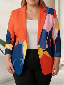 HOMEYEE Blazer Collar Long Sleeve Printed Blouse, Vintage Elegant Casual Vacation Business Commute Professional OL Top, Plus Size Spring - Orange - View 2