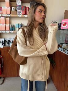 Áo khoác cardigan dài tay dệt kim thắt nơ phía trước, kiểu dáng giản dị, ngọt ngào, mới cho mùa xuân. - Màu be - Xem 3